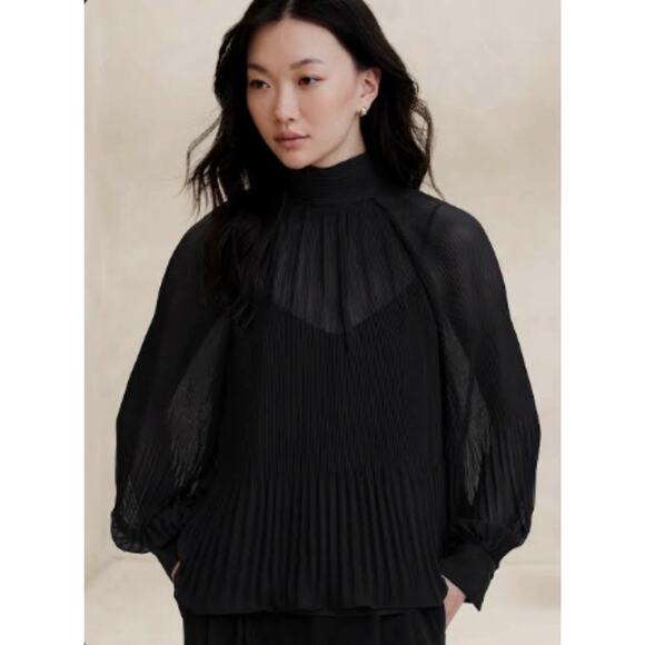 NEW! Banana Republic Pleated Volume-Sleeve Blouse XS Black Mock Neck $110 - Picture 1 of 9